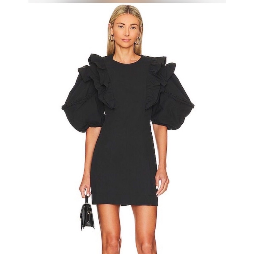 Rhode Varja Black Ruffle Shoulder Puff Sleeve Mini Dress XXS New